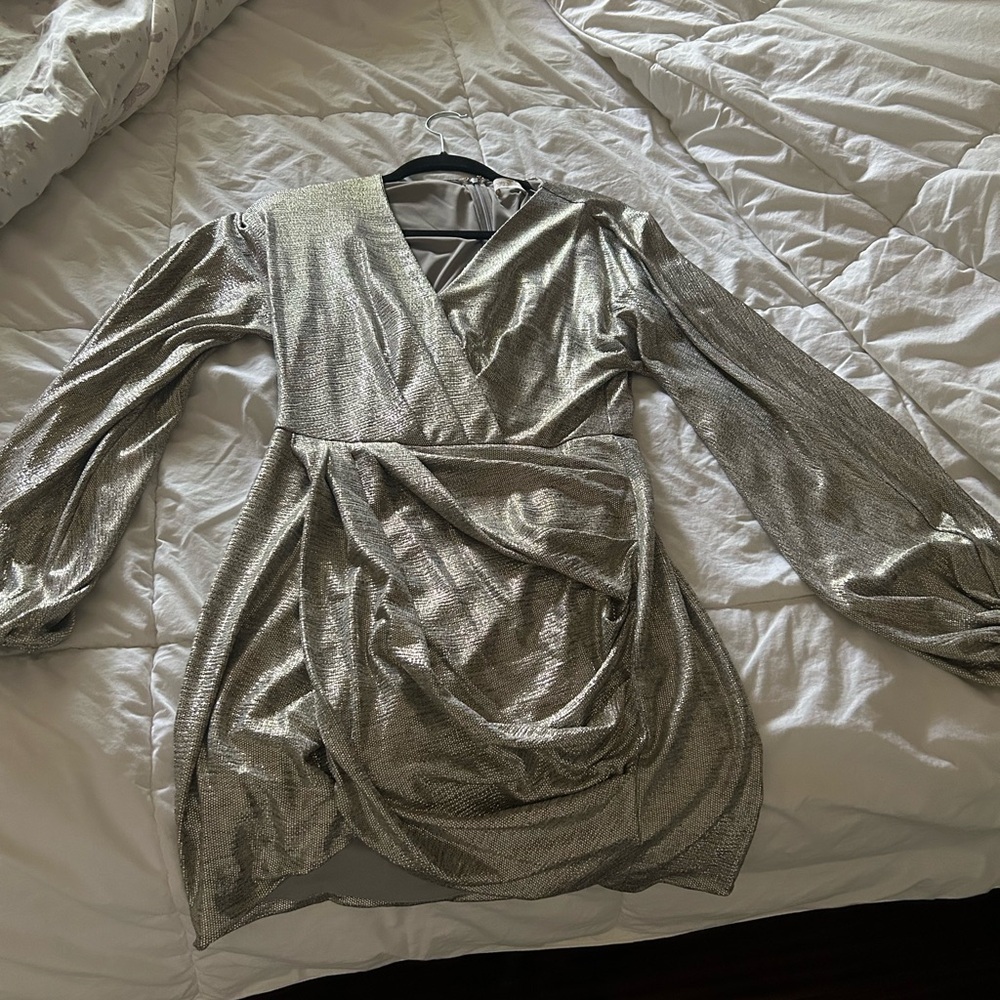 Ramy Brook Silver Metallic Long Sleeve Dress